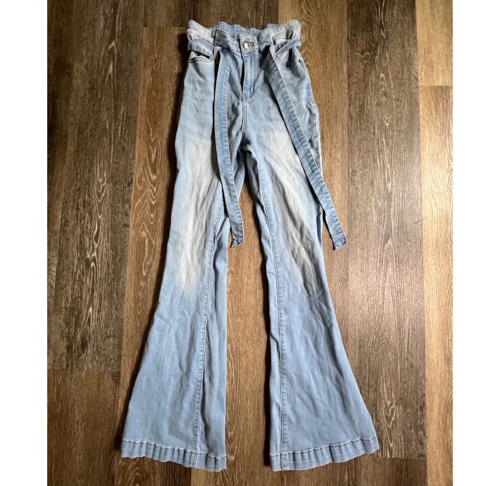 Flare Jeans Womens 6 Light Blue Belted Wide Leg High Rise